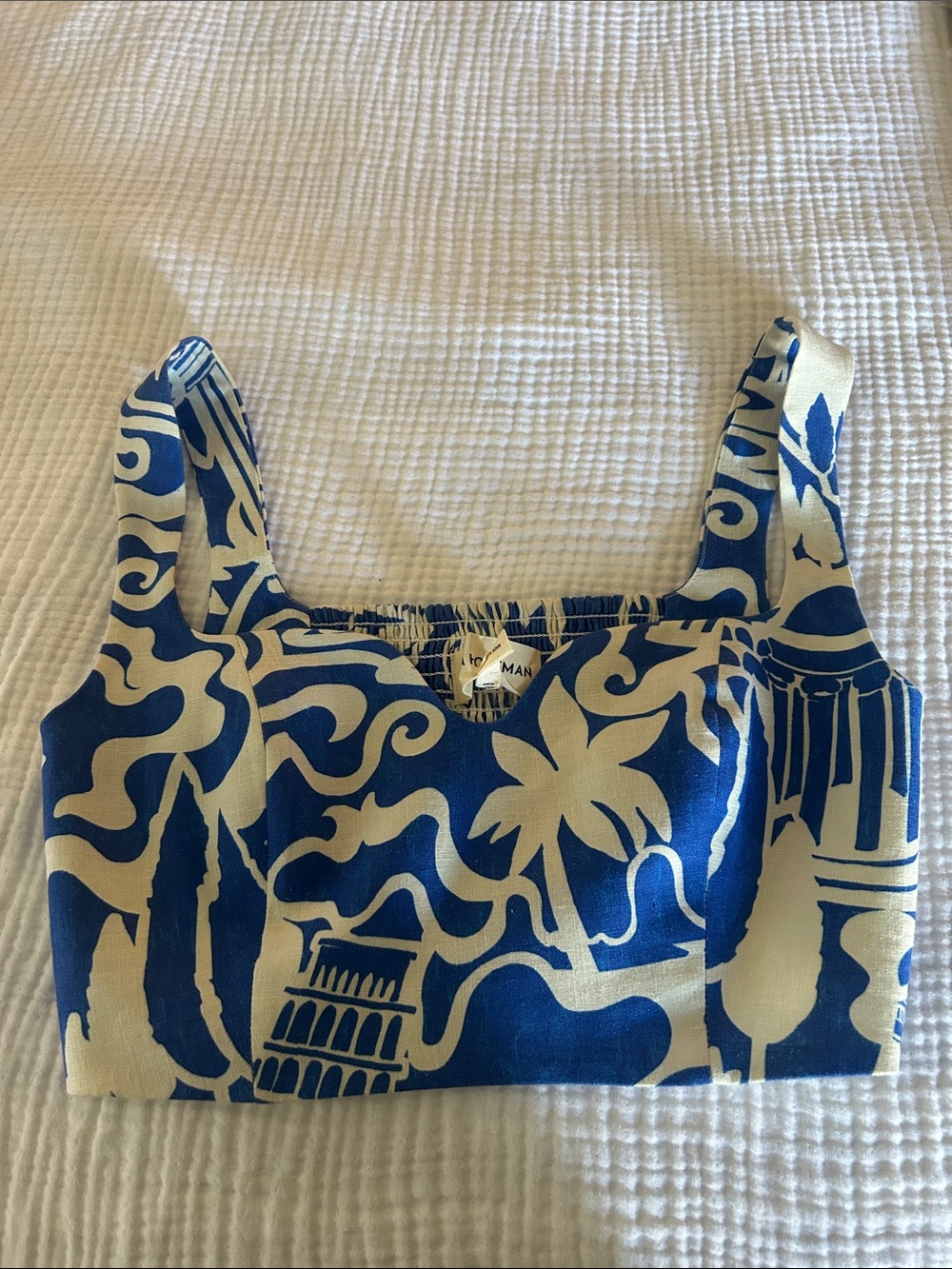 Blue & whiteTropical Print Crop Tank